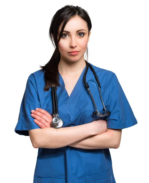 Schöne Krankenschwester auf weiß — Stockfoto