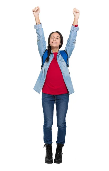 Жіночий студент з піднятими руками — стокове фото