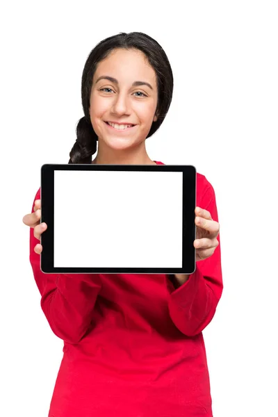 Flicka innehav tom skärm tablett — Stockfoto