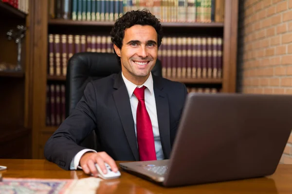 Smiling businessman using laptop — Stock Photo, Image
