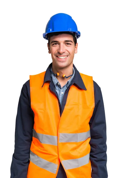 Εργαζόμενος φορώντας ένα γιλέκο υψηλής ορατότητας — Φωτογραφία Αρχείου