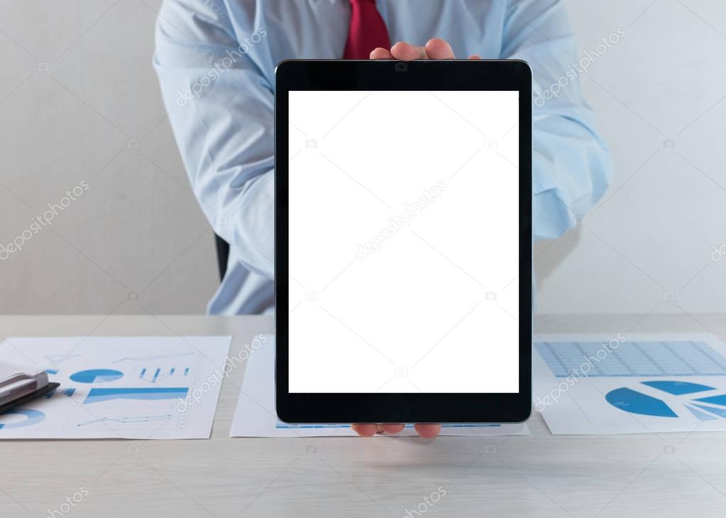 Man showing an empty tablet