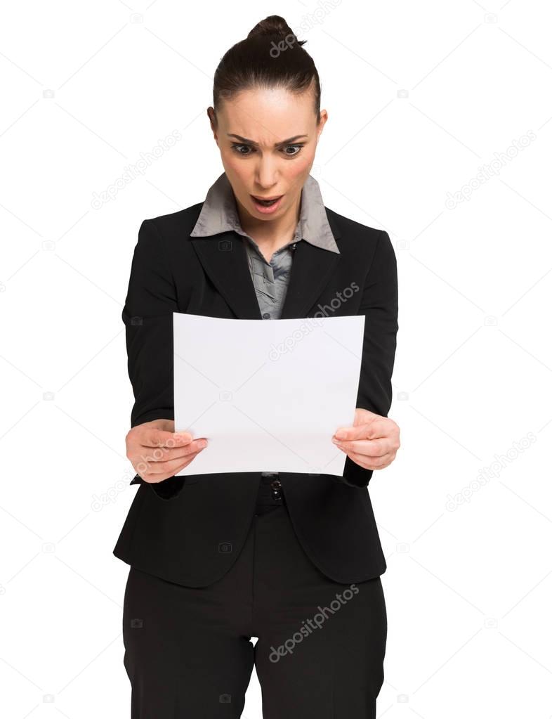 Astonished woman reading a document