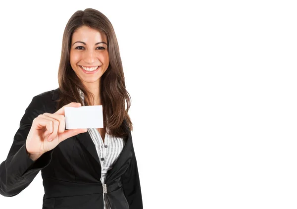 Businesswoman showing business card — Stock Photo, Image