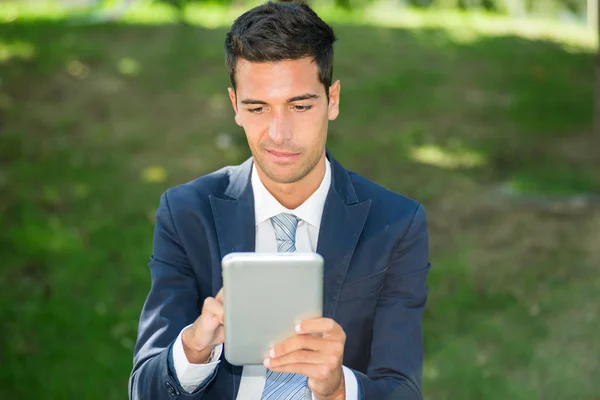 Businessman using tablet in park — Stock Photo, Image