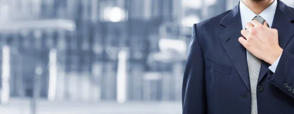 Businessman adjusting his necktie — Stock Photo, Image