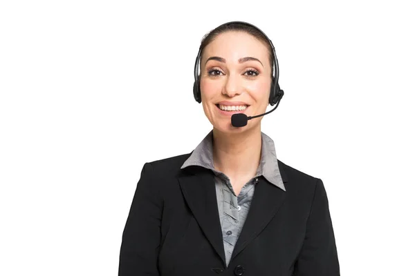 Mulher de negócios falando através de fone de ouvido — Fotografia de Stock