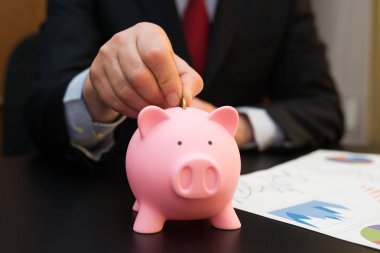 Bir domuzcuk bankada para koyarak işadamı