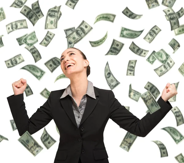 Woman enjoying rain of money — Stock Photo, Image