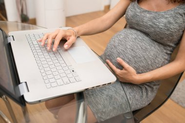 Evde onun bilgisayar üzerinde çalışan hamile kadın