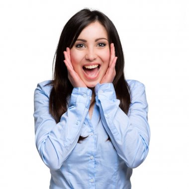 Beyaz arka plan üzerinde izole şaşırmış kadın