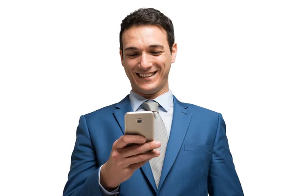 Επιχειρηματίας Χρησιμοποιώντας Τηλέφωνο Που Απομονώνονται Λευκό Φόντο — Φωτογραφία Αρχείου