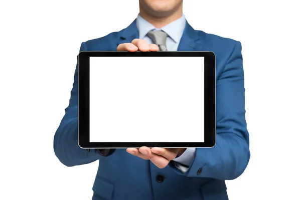 Geschäftsmann Hält Tablet Mit Leerem Bildschirm — Stockfoto