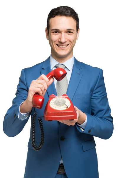 Бизнесмен Винтажным Красным Телефоном — стоковое фото