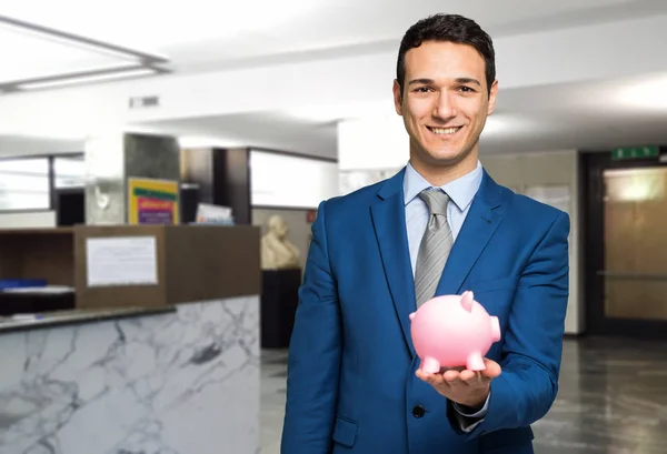 Businessman Holding Piggy Bank Office — Stock Photo, Image