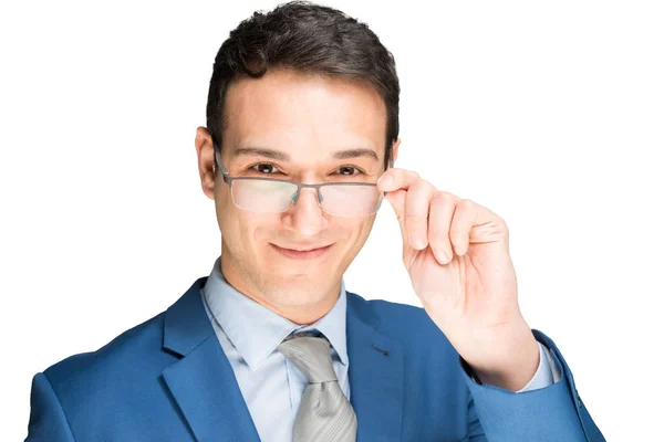 Hombre Negocios Sonriente Sosteniendo Sus Anteojos —  Fotos de Stock