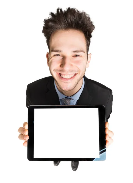 Mann Hält Tablet Mit Leerem Bildschirm — Stockfoto