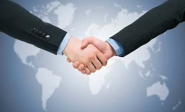 Business People Handshake Front World Map Blue Toned — Stock Photo, Image