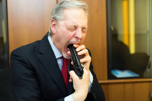 Senior Businessman Pointing Gun His Mouth — Stock Photo, Image