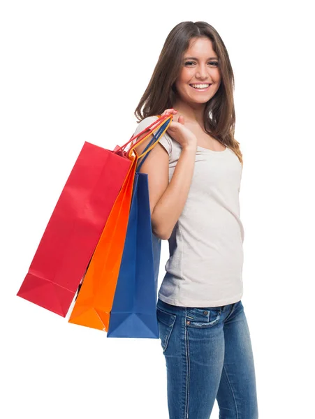 Junge Frau Mit Einkaufstaschen Isoliert Auf Weißem Grund — Stockfoto