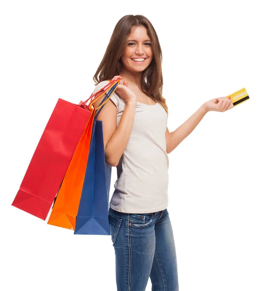 Mulher Segurando Sacos Compras Cartão Crédito — Fotografia de Stock