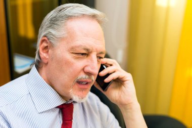 Yetişkin iş adamı telefonda konuşuyor.