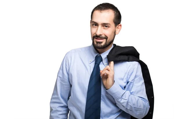 Portrait Young Businessman Holding His Jacket Shoulder Isolated White Background — Stock Photo, Image