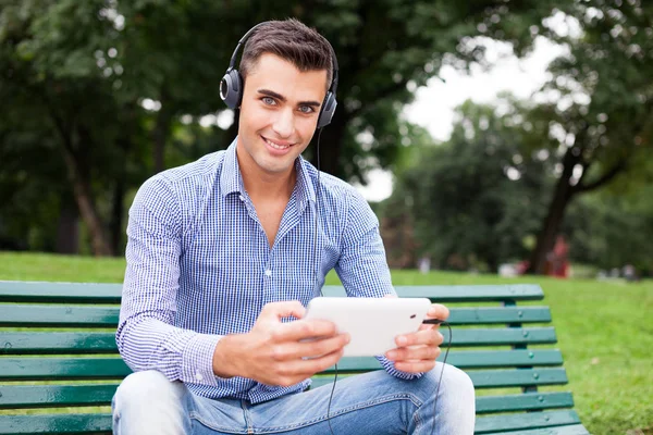 Portrait Man Listening Music Outdoors — Stock Photo, Image