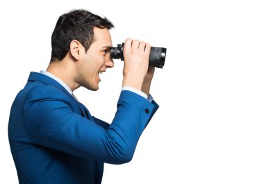 Businessman watching through binoculars in search of new opportunities clipart