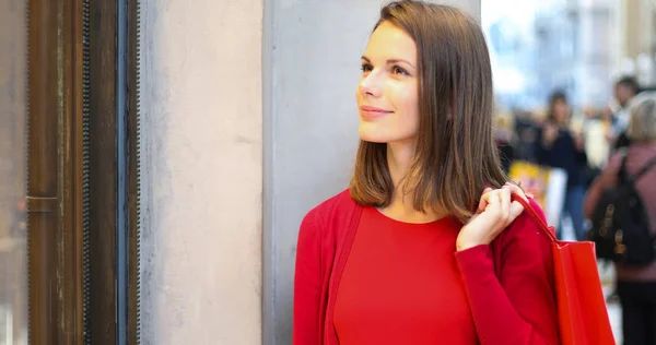 Young Woman Shopping Christmas Outfit — Stock Photo, Image