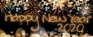 New Year fireworks and blurred bokeh lights background clipart