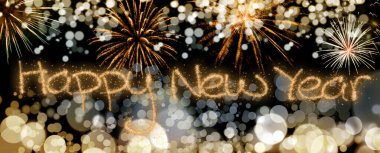 New Year fireworks and blurred bokeh lights background clipart
