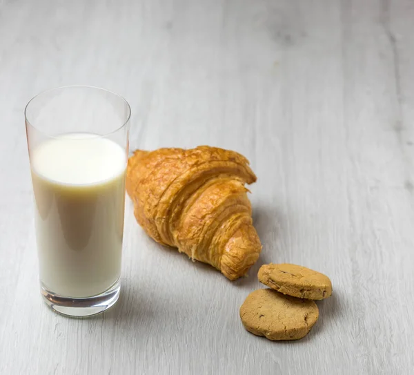 Croissant Some Cookies Glass Milk — Stock Photo, Image