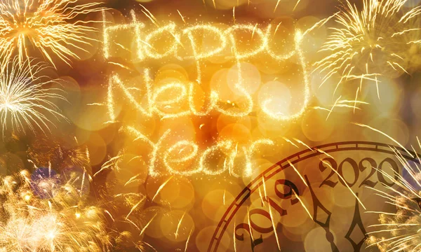 Koncepcja Nowego Roku Zegar Blisko Północy 2020 Fajerwerki Złoty Bokeh — Zdjęcie stockowe