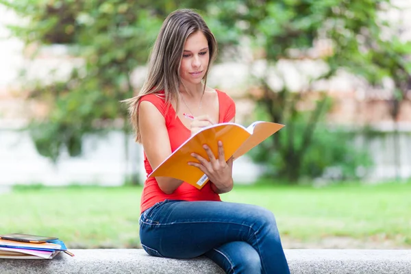 Gyönyörű Női Főiskolai Hallgató Könyvet Olvas Egy Padon Egy Parkban — Stock Fotó