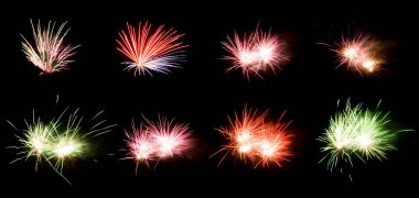 Beautiful Fireworks isolated on black collage, celebration and new year concept clipart