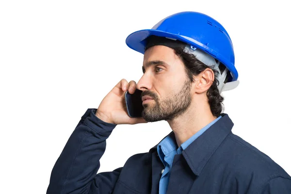 Retrato Engenheiro Falando Telefone Isolado Fundo Branco — Fotografia de Stock