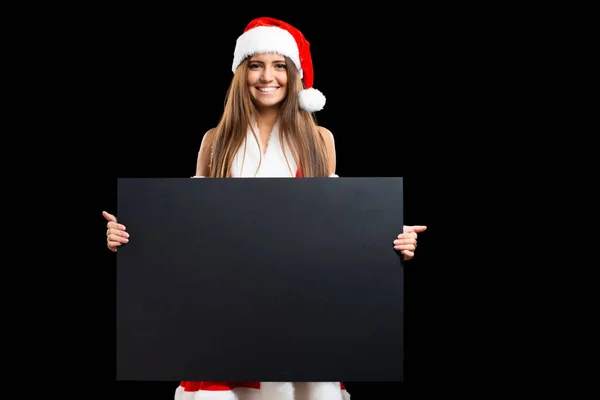 Donna Vestita Natale Che Tiene Pannello Bianco Isolato Nero — Foto Stock