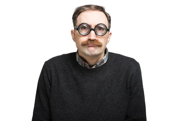 Lustiges Porträt Eines Nerds Mit Nerd Brille — Stockfoto