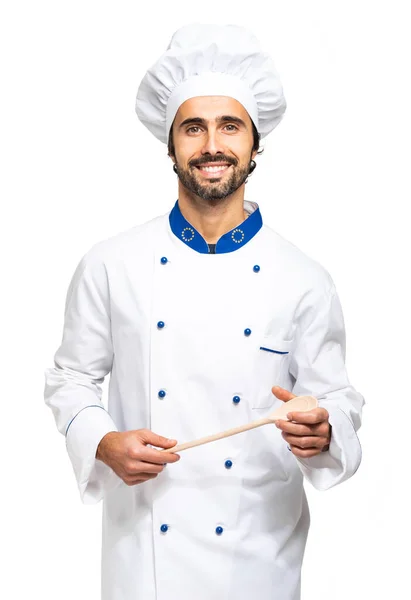 Vrolijke Chef Kok Geïsoleerd Witte Achtergrond — Stockfoto