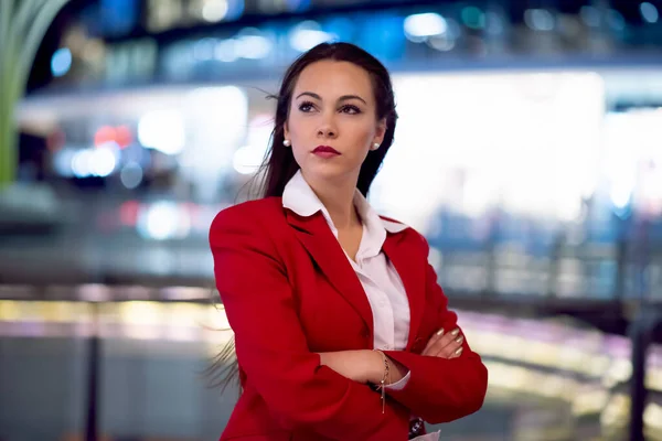 Portrait Young Business Woman Waiting Outdoors City Night Time — ストック写真