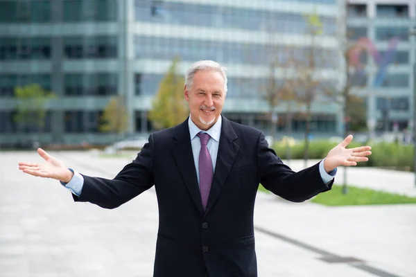 Hombre Negocios Sonriente Con Los Brazos Abiertos Una Ciudad Moderna — Foto de Stock