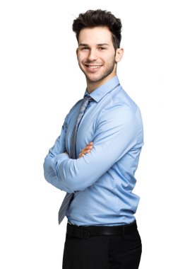 Genç yönetici portresi beyaz arkaplanda izole edildi 