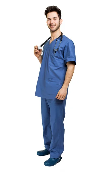 Enfermera Masculina Aislada Longitud Completa Blanca — Foto de Stock