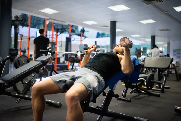 Bodybuilder Utilisant Haltère Pour Travailler Ses Bras Dans Une Salle — Photo