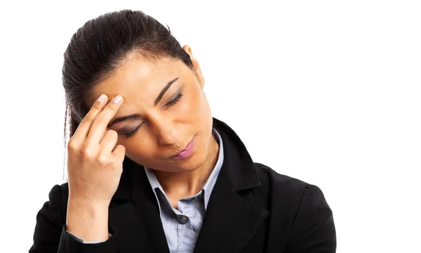 Young Woman Has Headache Isolated White Background — Stock Photo, Image