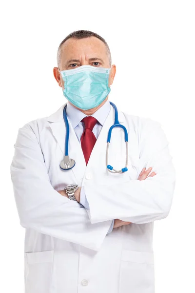 Retrato Médico Usando Uma Máscara Isolada Fundo Branco — Fotografia de Stock