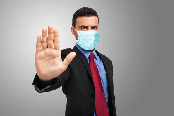 Masked Businessman Showing Stop Sign Coronavirus Pandemic Social Isolation Business — Stock Photo, Image