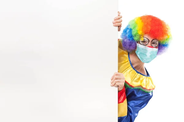 Clown Wearing Mask Showing Blank Panel Coronavirus Concept — Stock Photo, Image