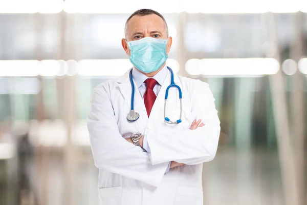 Portrait Masked Doctor Front Bright Background Coronavirus Epidemic — Stock Photo, Image